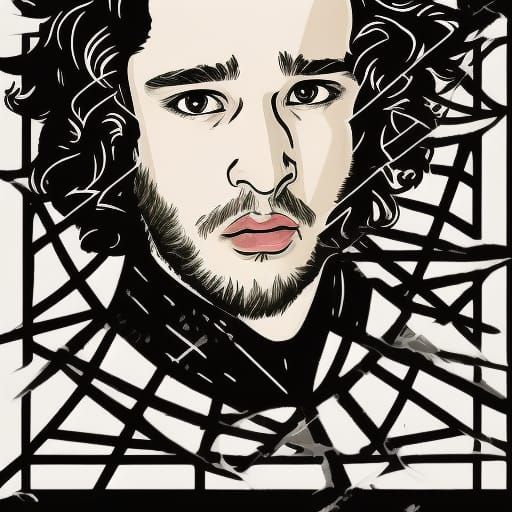 jon snow from game of thrones, pop art style spiderweb black and white