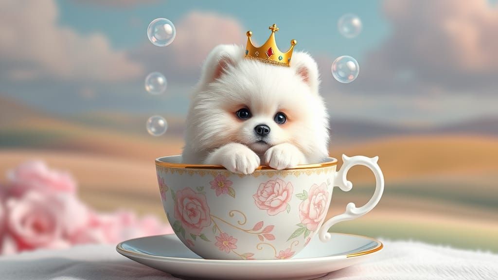 Crowned Samoyed Puppy in Teacup, Kawaii Style