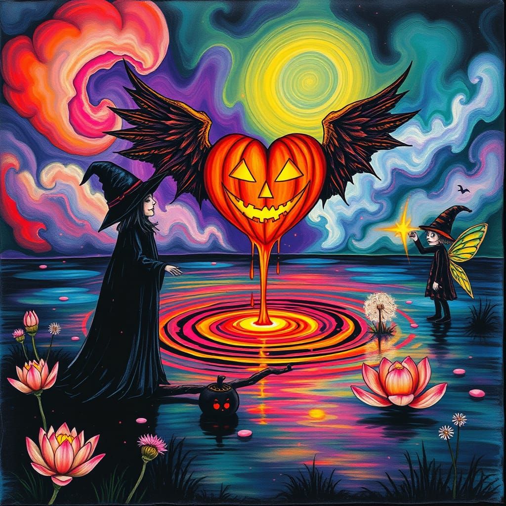 Surreal Valentine's Scene: Witch, Wizard, and Jack O'Lantern...