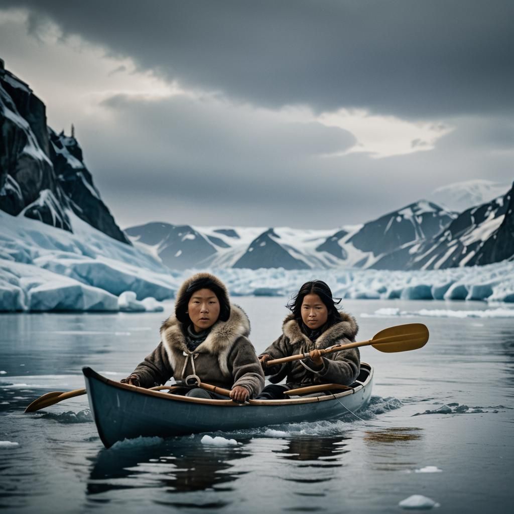 Inuit Children Kayaking on an Icy River