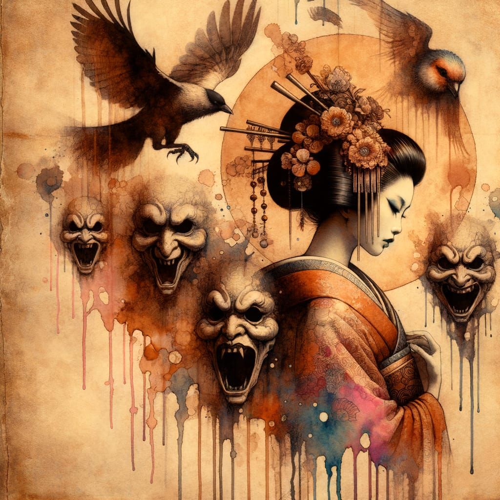 Dissolving Geisha with Spirit Masks in Watercolor Style