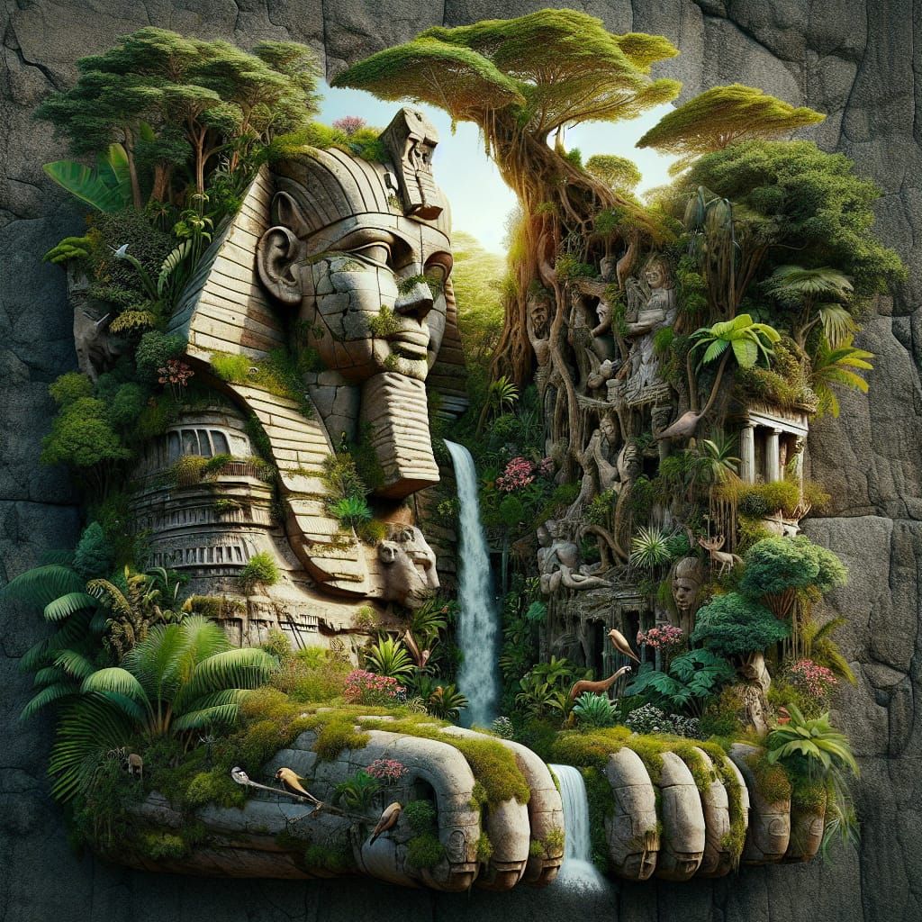 Rainforest Reclaims Ruined Sphinx: Digital HDR Illustration