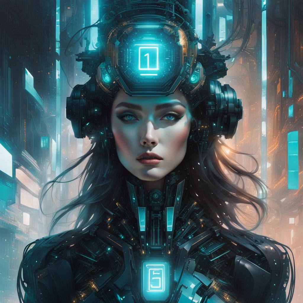 Complex illustrations in surrealist art style, translucent ethereal mechanical girl, futuristic girl, mecha-girl, polaro...