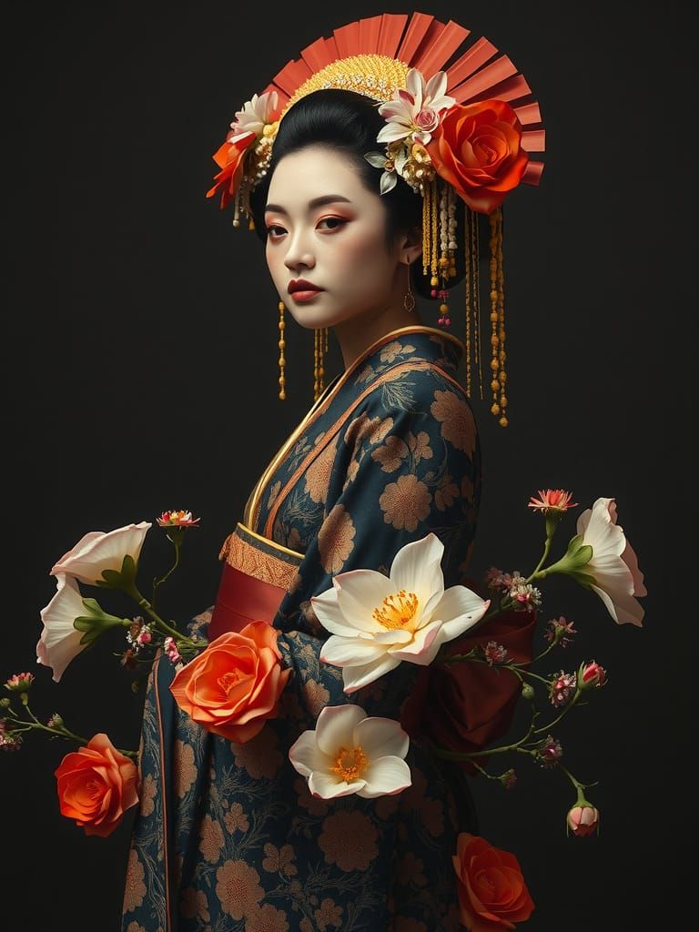 Full-body height glitchcore portrait of a sensual amber geis...