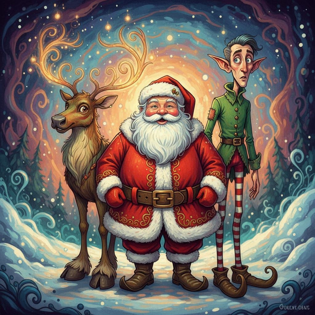 Santa, Elf, and Reindeer in Detailed Doodle Drawing Style