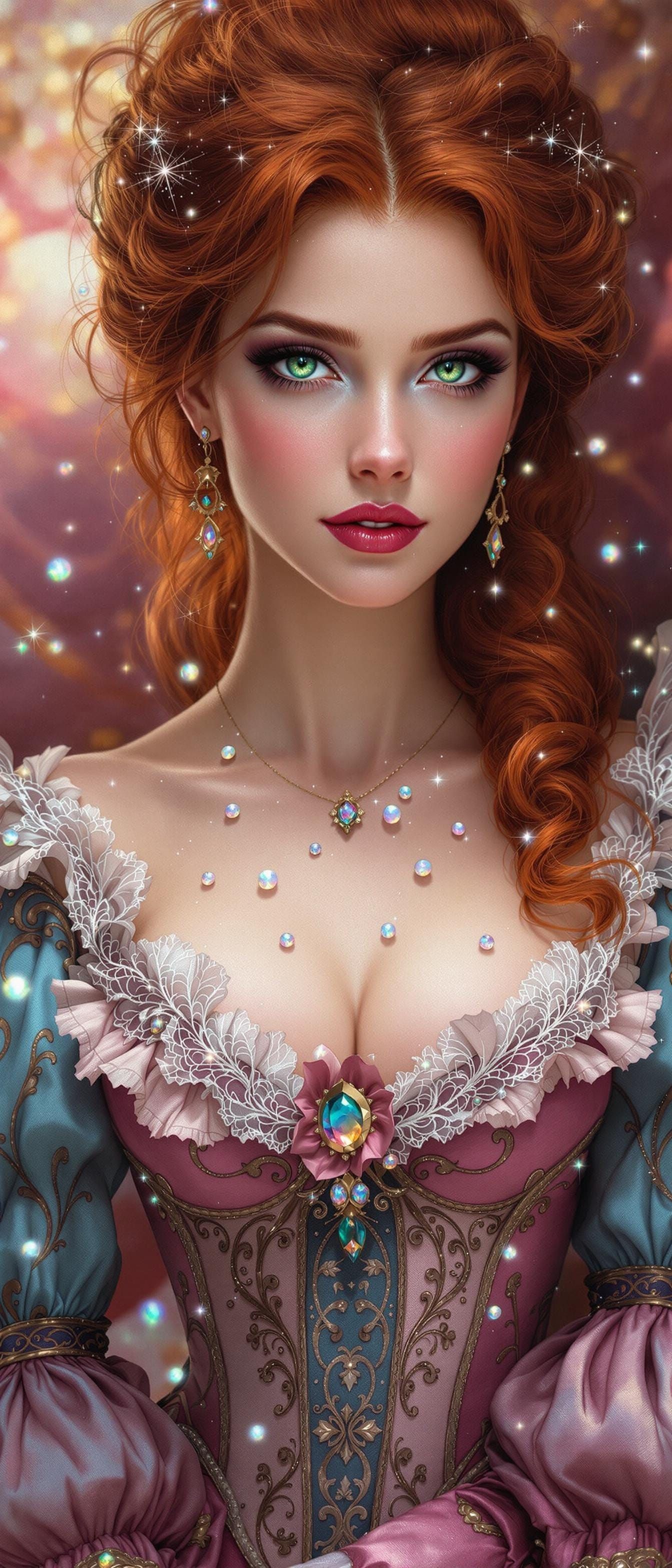 Regency Lady in Opulent Pink and Blue Gown with Iridescent O...