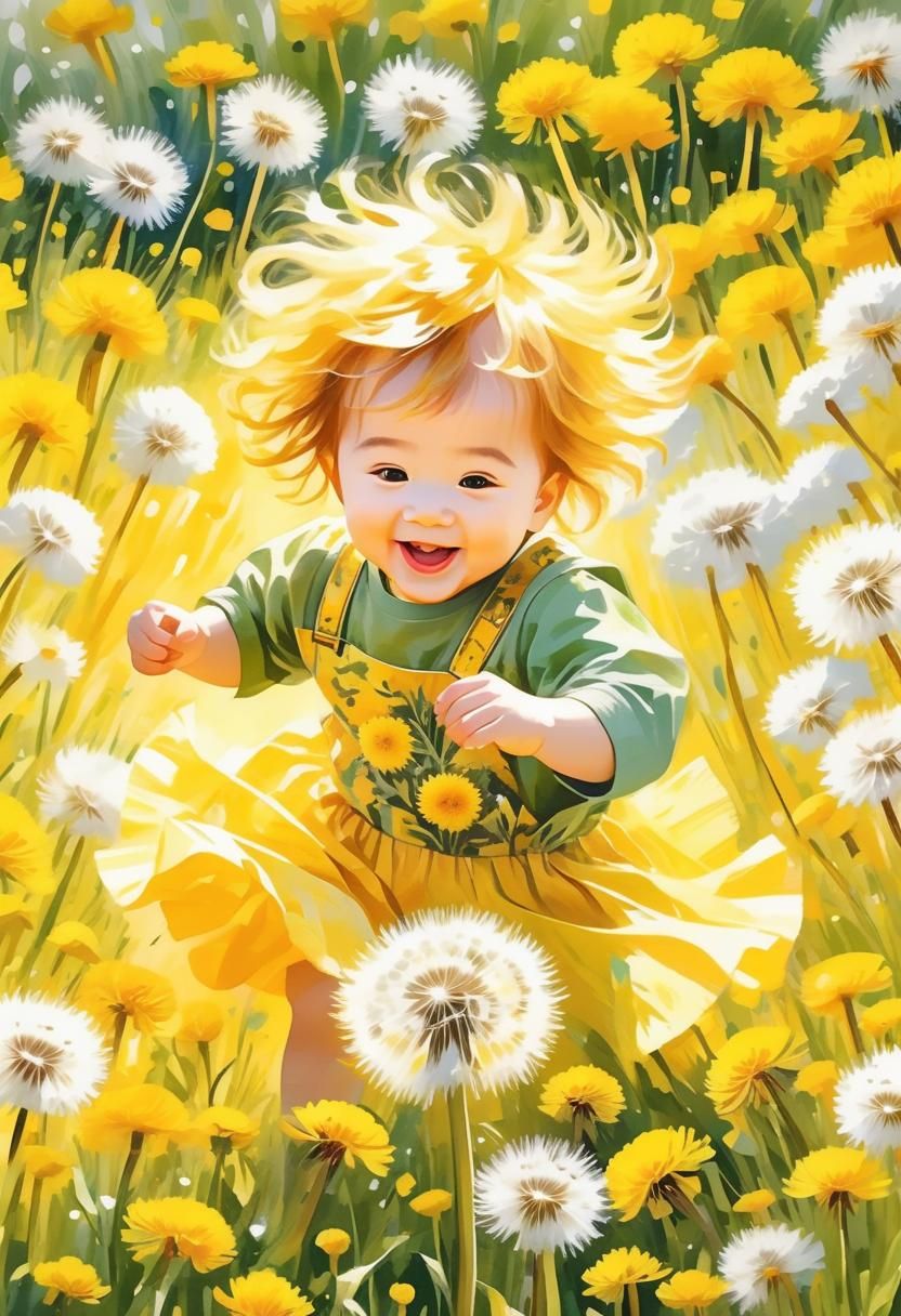 Toddler's Joyful Dance in Dandelion Field