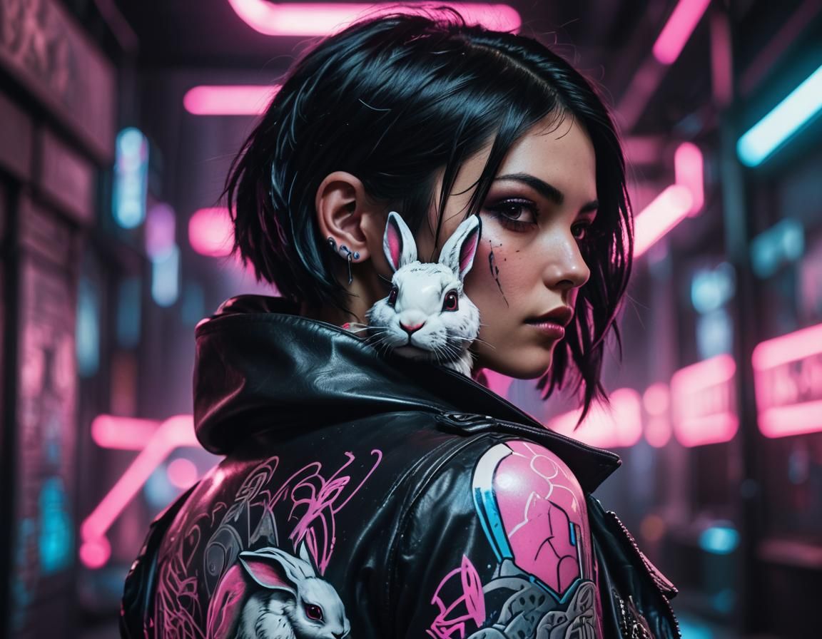 Neon Rabbit Tattoo in Cyberpunk City