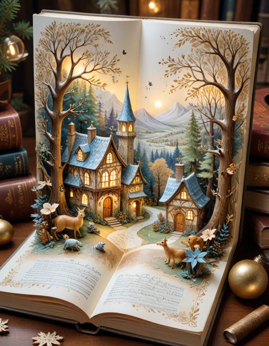 Enchanted Book Village in Watercolor Style