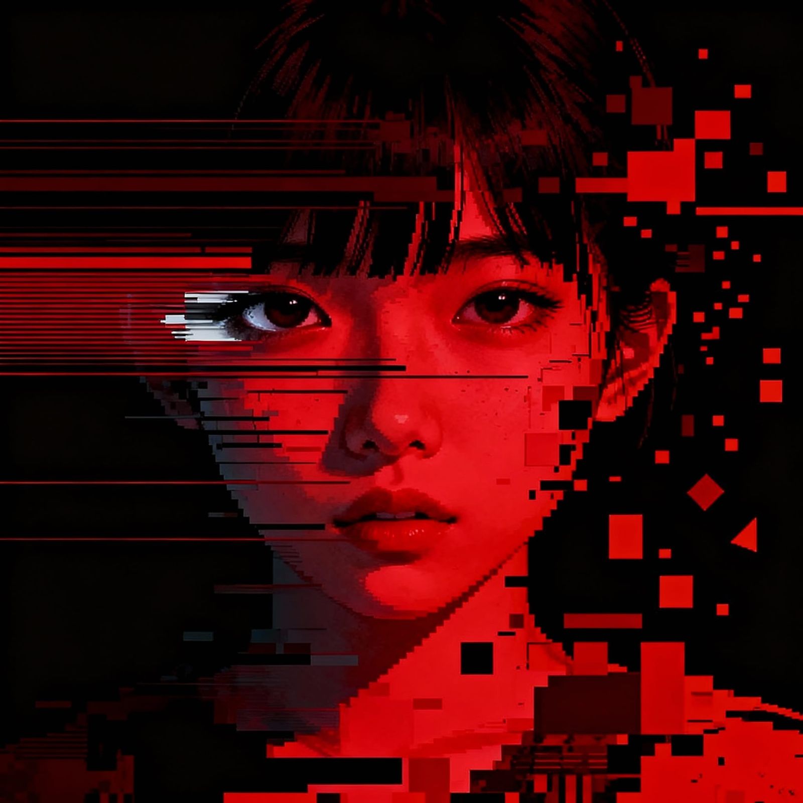 Distorted Japanese Woman Portrait in Glitch Art Style