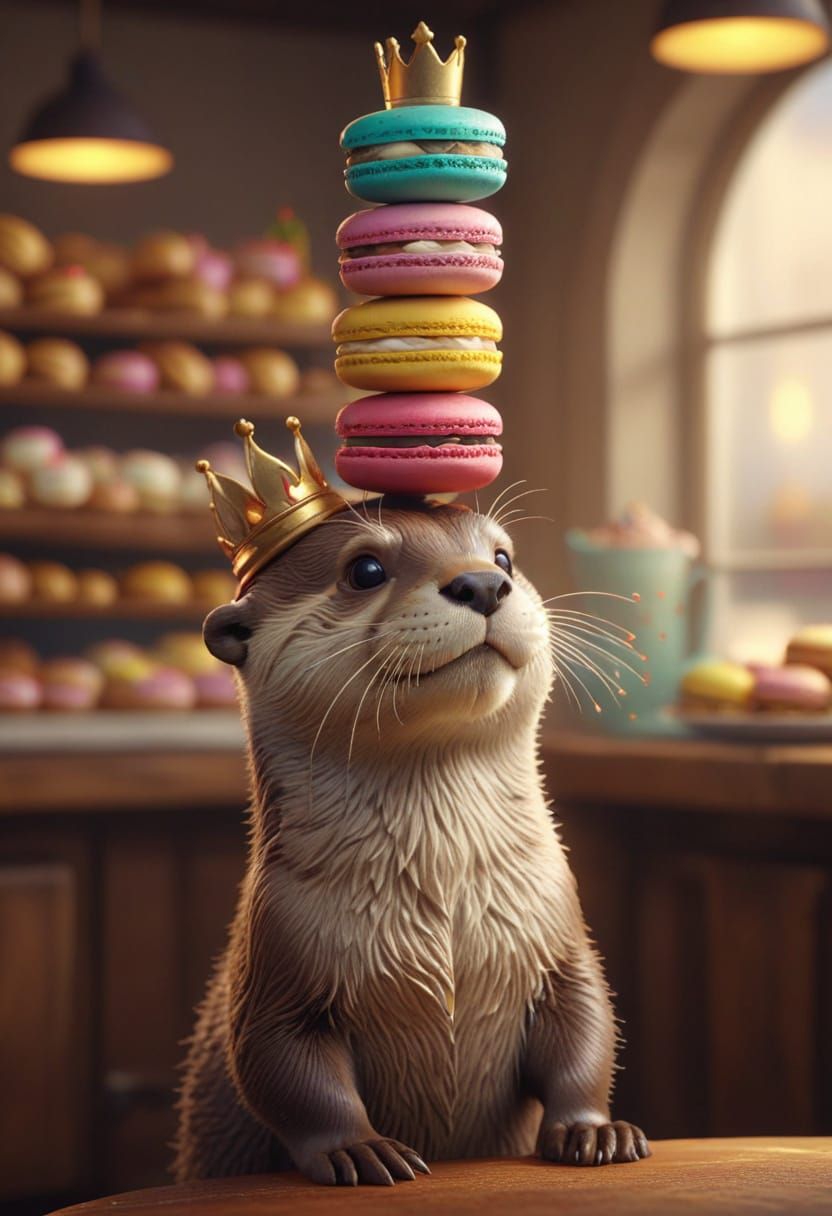 Otter Baker Balances Macarons in Pastel Bakery