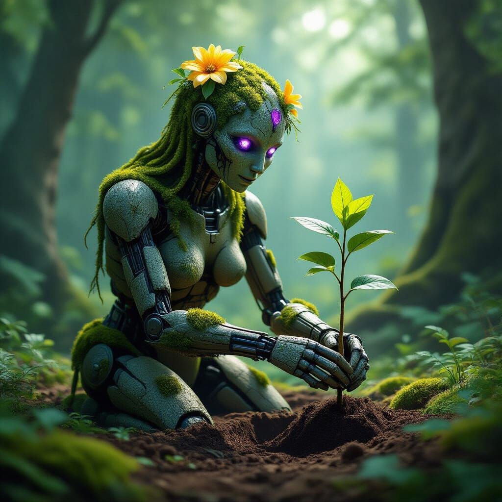 Ancient Stone Robot Plants Sapling in Mossy Forest