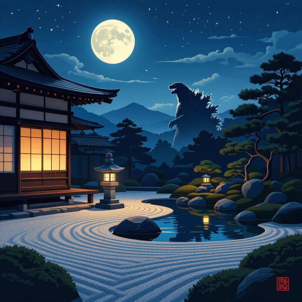 Zen Garden at Night: Ukiyo-e Godzilla