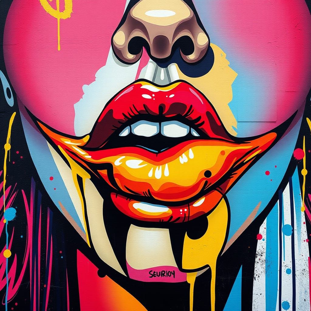 Stylized Female Lips in 80s Graffiti Style
