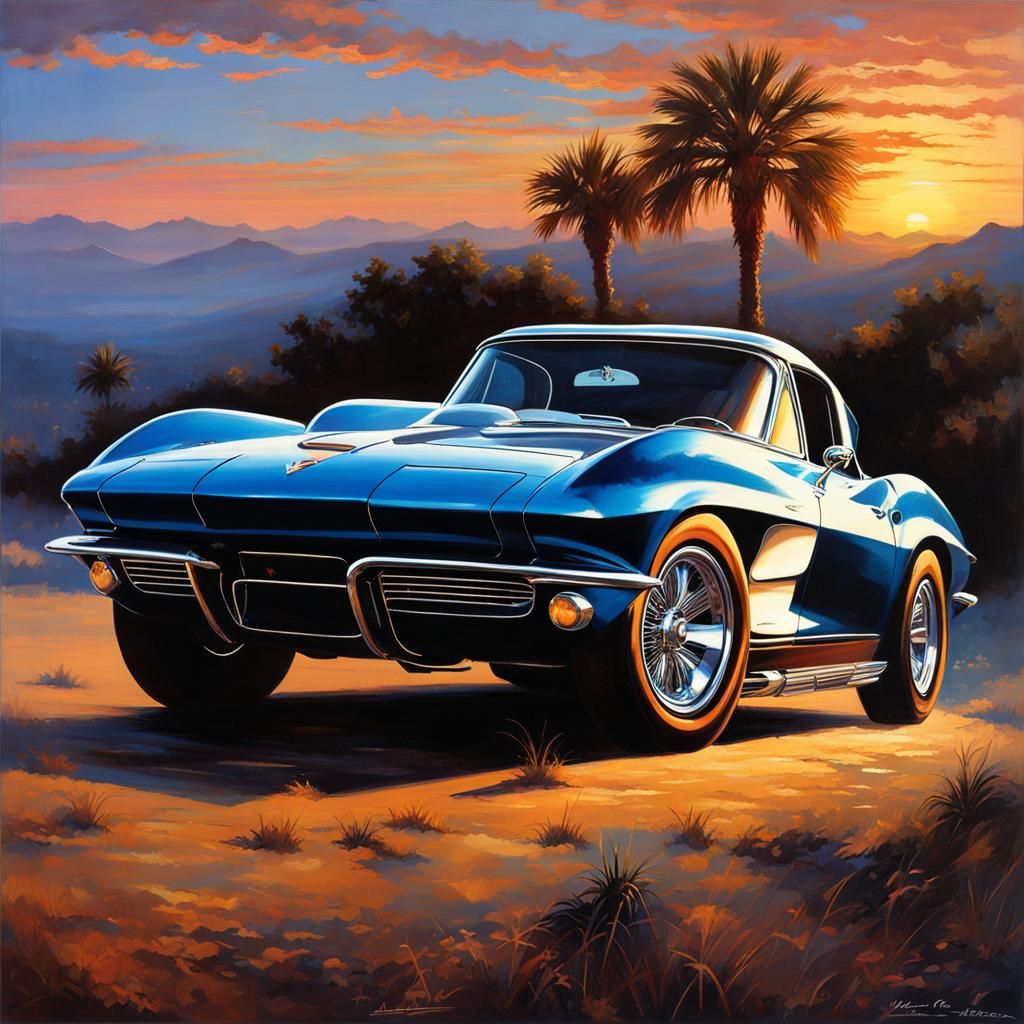 Chevrolet Corvette Sunset: Detailed Oil Painting in Anime St...