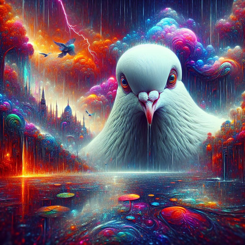 Psychedelic Dove in Rainy Surreal Landscape