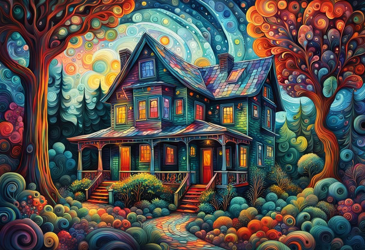 Hippy Artists Paint House with Northlights in Watercolor