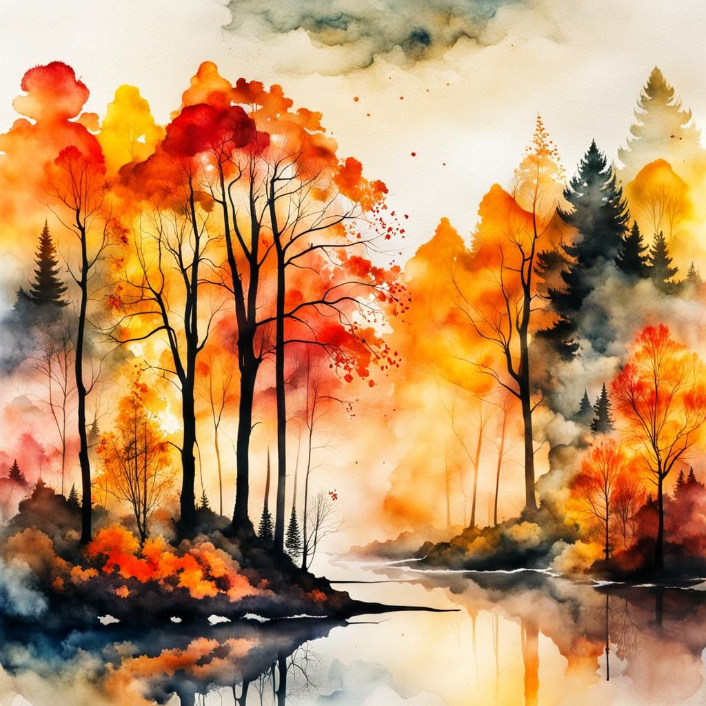 Abstract Ink Splatter Autumn Scene