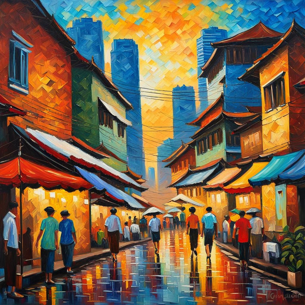 Bangkok Thailand: Neo-Impressionist Oil Painting