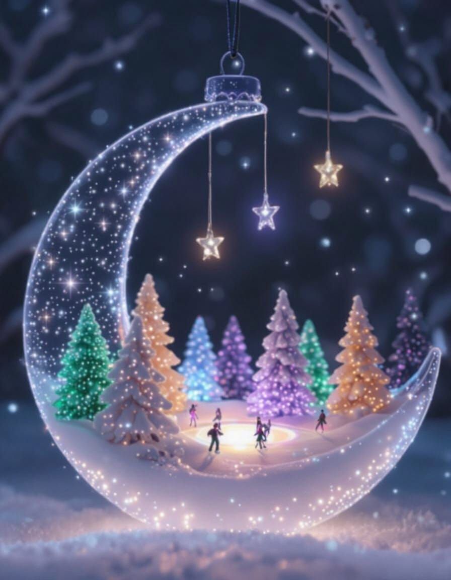 Glowing Moon Ornament in Snowy Forest, Festive Winter Scene