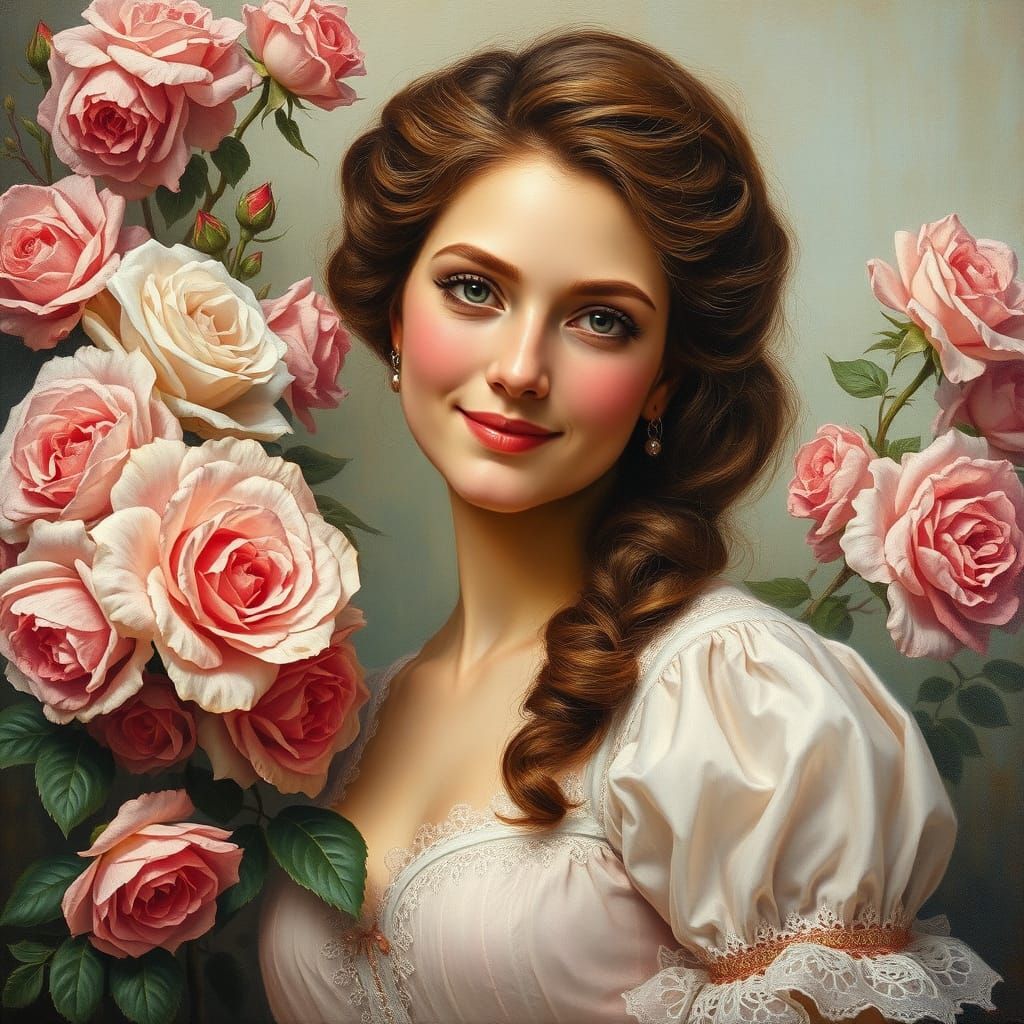 Romantic Oil Painting of Lady in Vintage Lace Dress