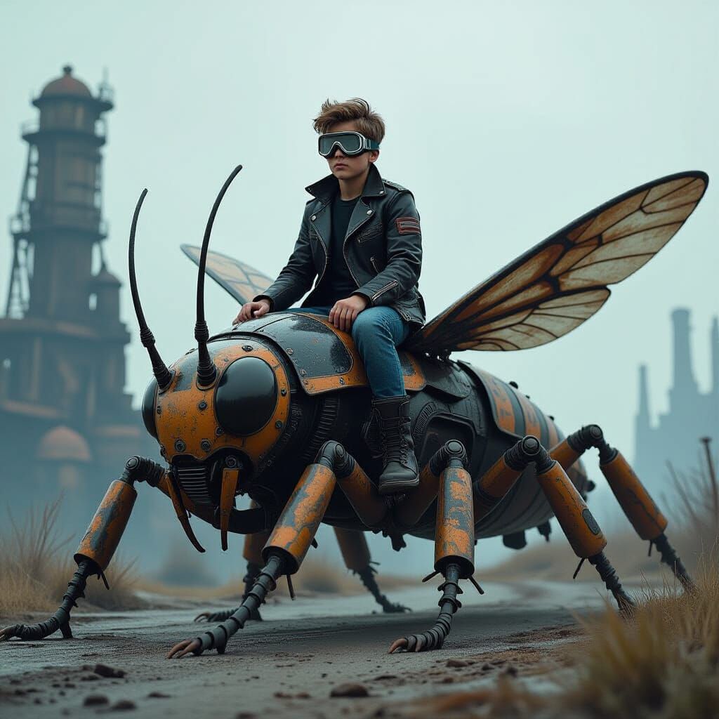 Boy Rides Mechanical Insect in Dystopian Landscape