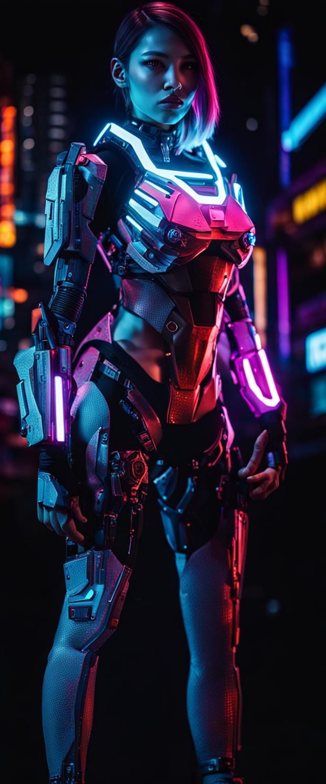Cyborg Girl Portrait in Neon Cyberpunk City