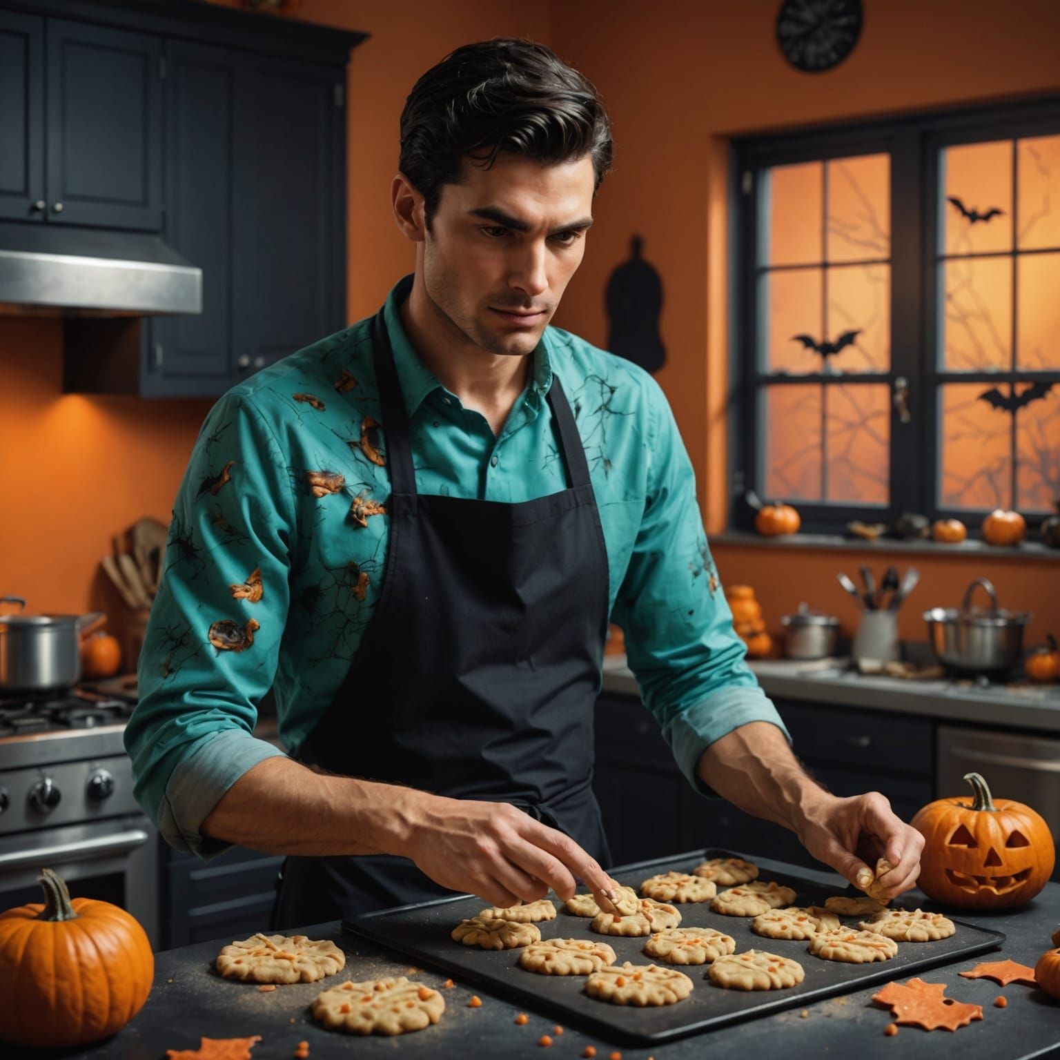 Hyperrealistic Man Baking Halloween Cookies