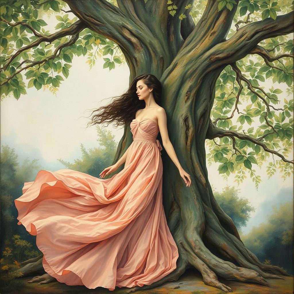 Woman Transforms to Tree in Gouache Impressionist Style