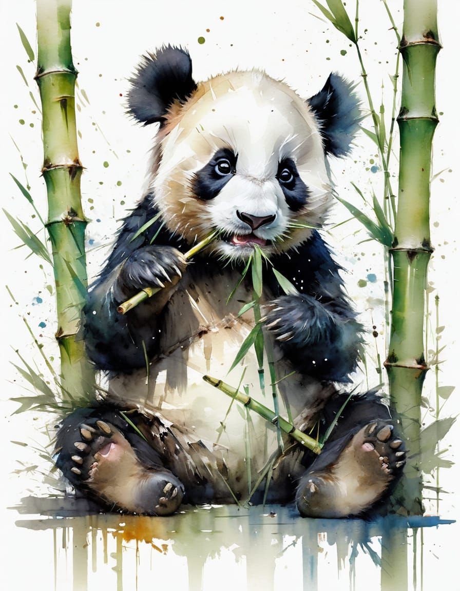 Watercolor Painting of Cute Baby Panda Eating Bamboo