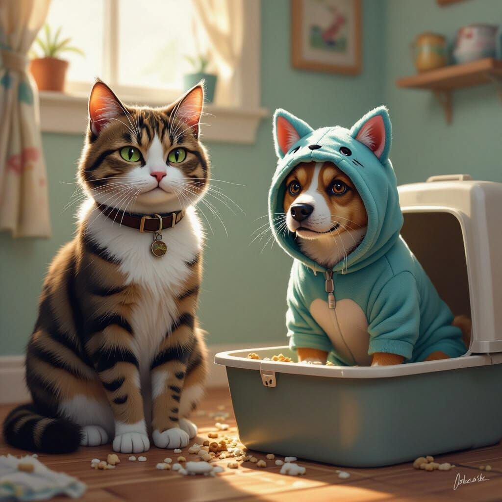Humorous Cat and Dog Role Reversal Scene