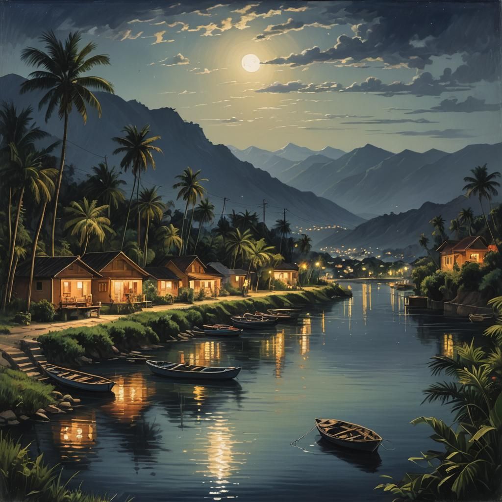 Moonlit River Scene with Boats and Palm Trees