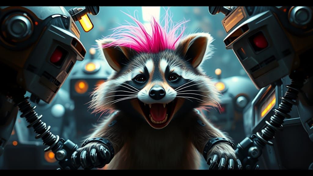 Pink-Haired Raccoon's Robotic Prank: Cinematic Mischief