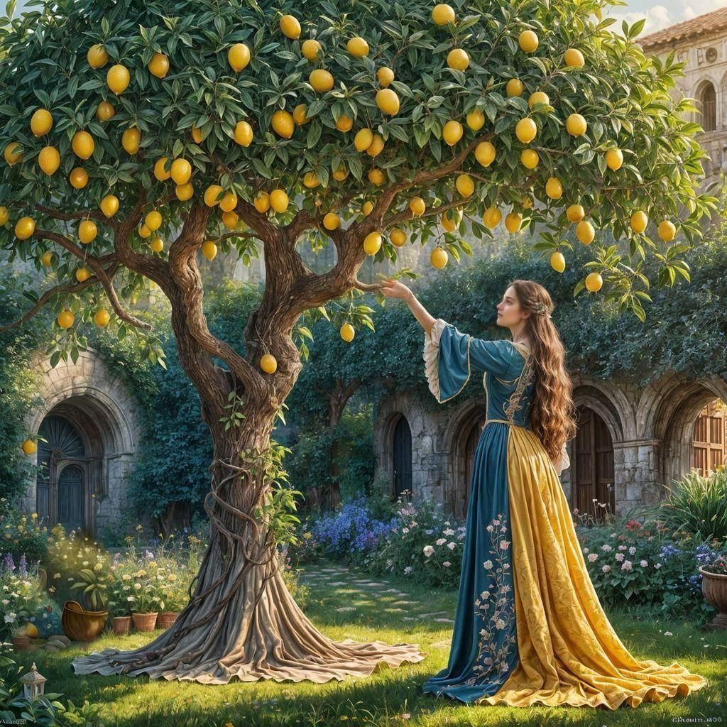 Medieval Lady Reaching for Lemon Tree: Splash Art