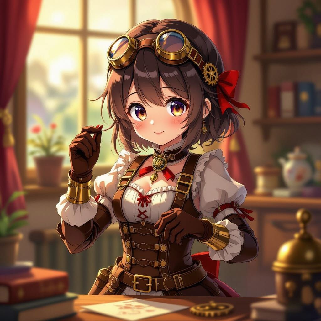 Cute Anime Girl in Steampunk Attire