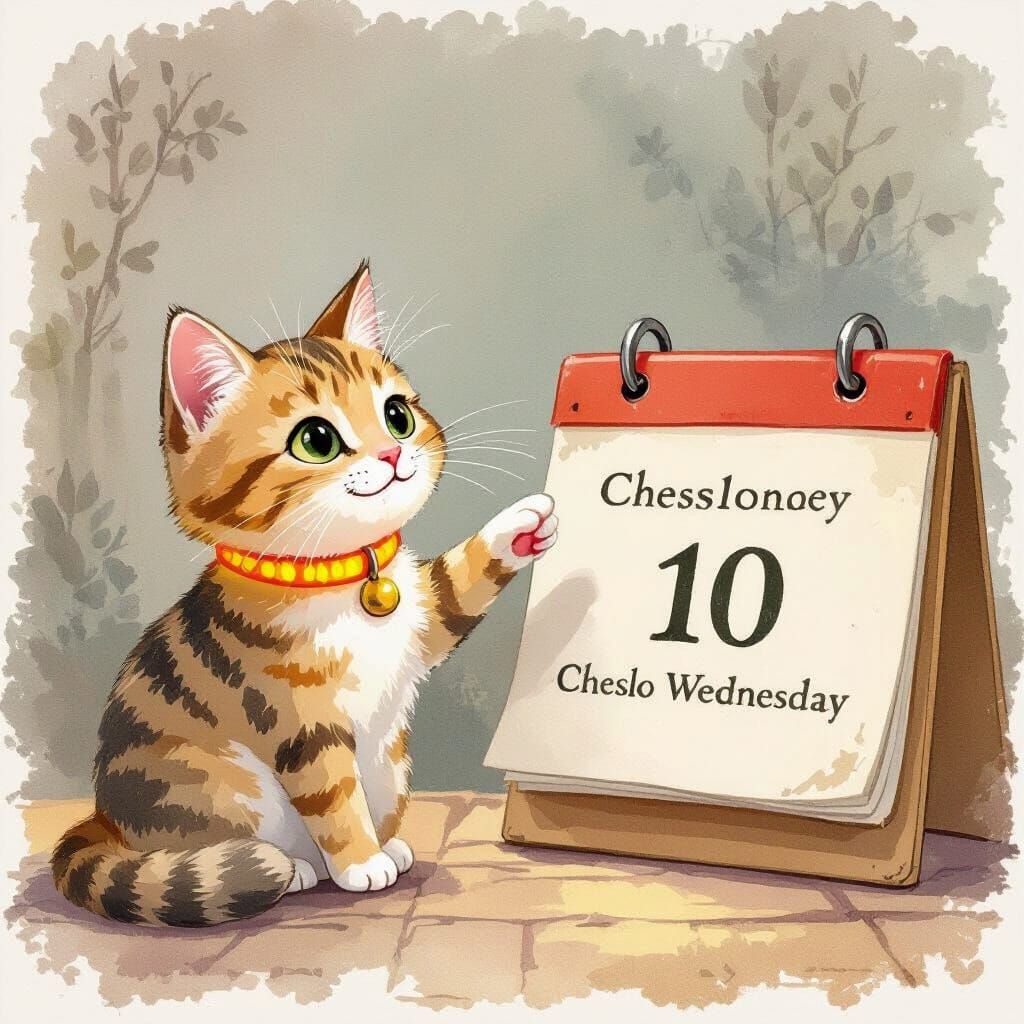 Happy Cat Points to Calendar in Whimsical Watercolor Scene