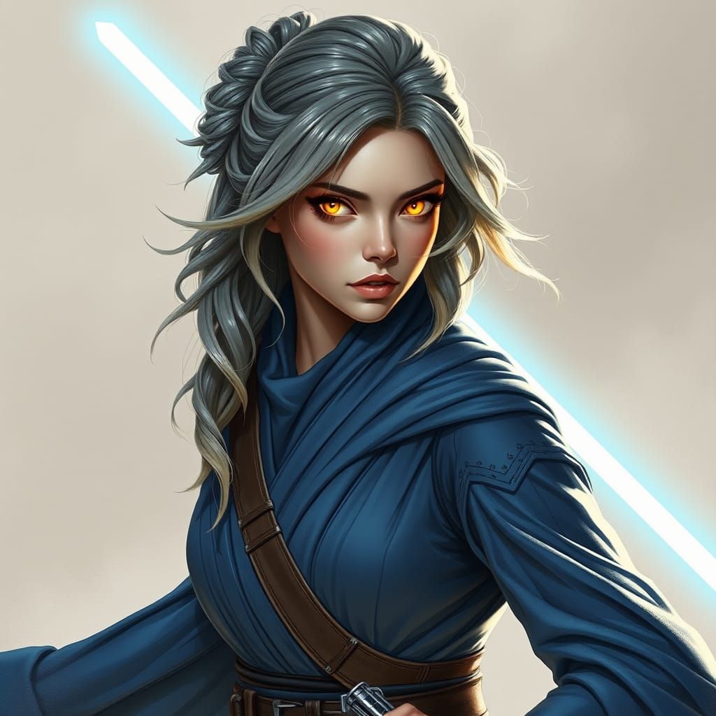 Female Jedi with Glowing Eyes in Futuristic Style
