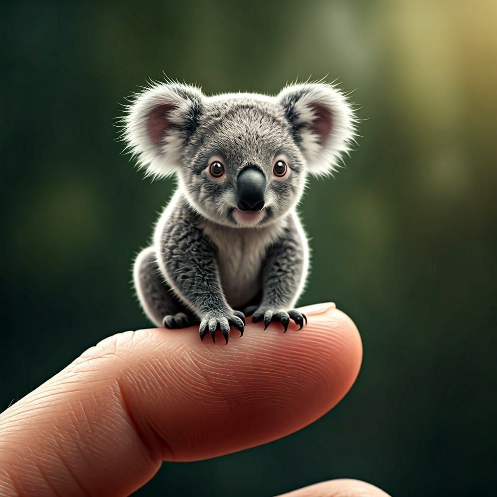 Hyper-Realistic Koala Perched on Human Thumb