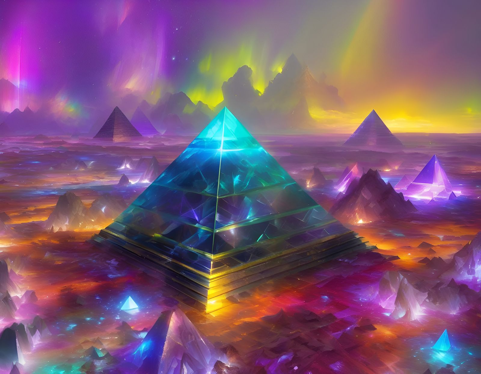 Rainbow Crystal Pyramid with Aurora Glow