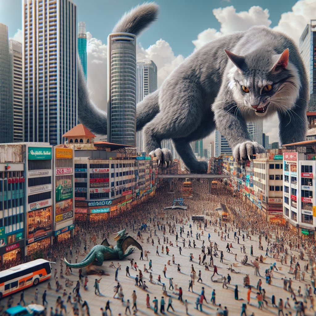 Dragon-Sized Grey Cat Dominates City Center