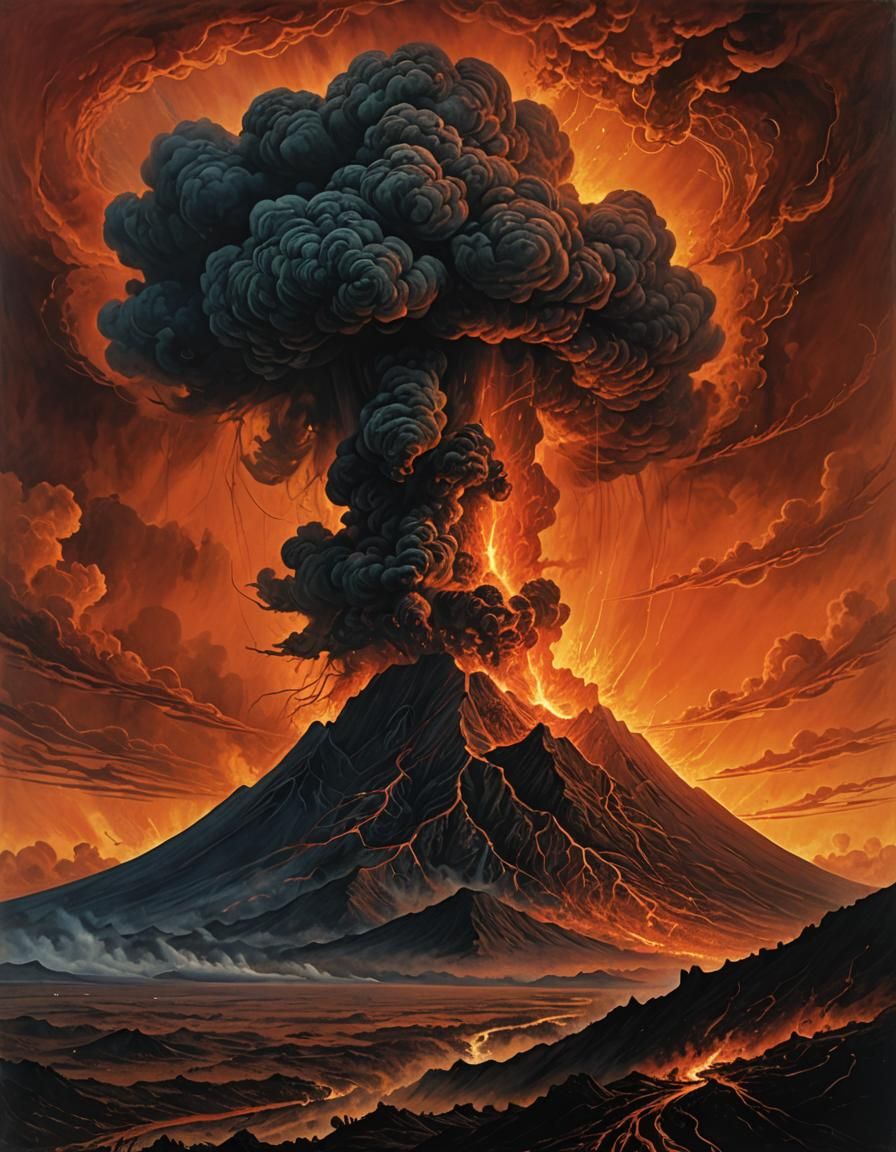 Volcano Eruption with Phoenix in Beksiński Style