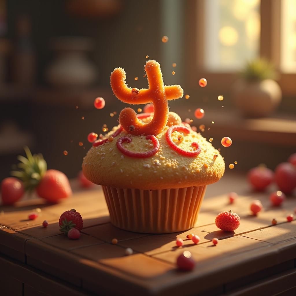 Fruit Letter Muffin in Mystical Bakery Setting