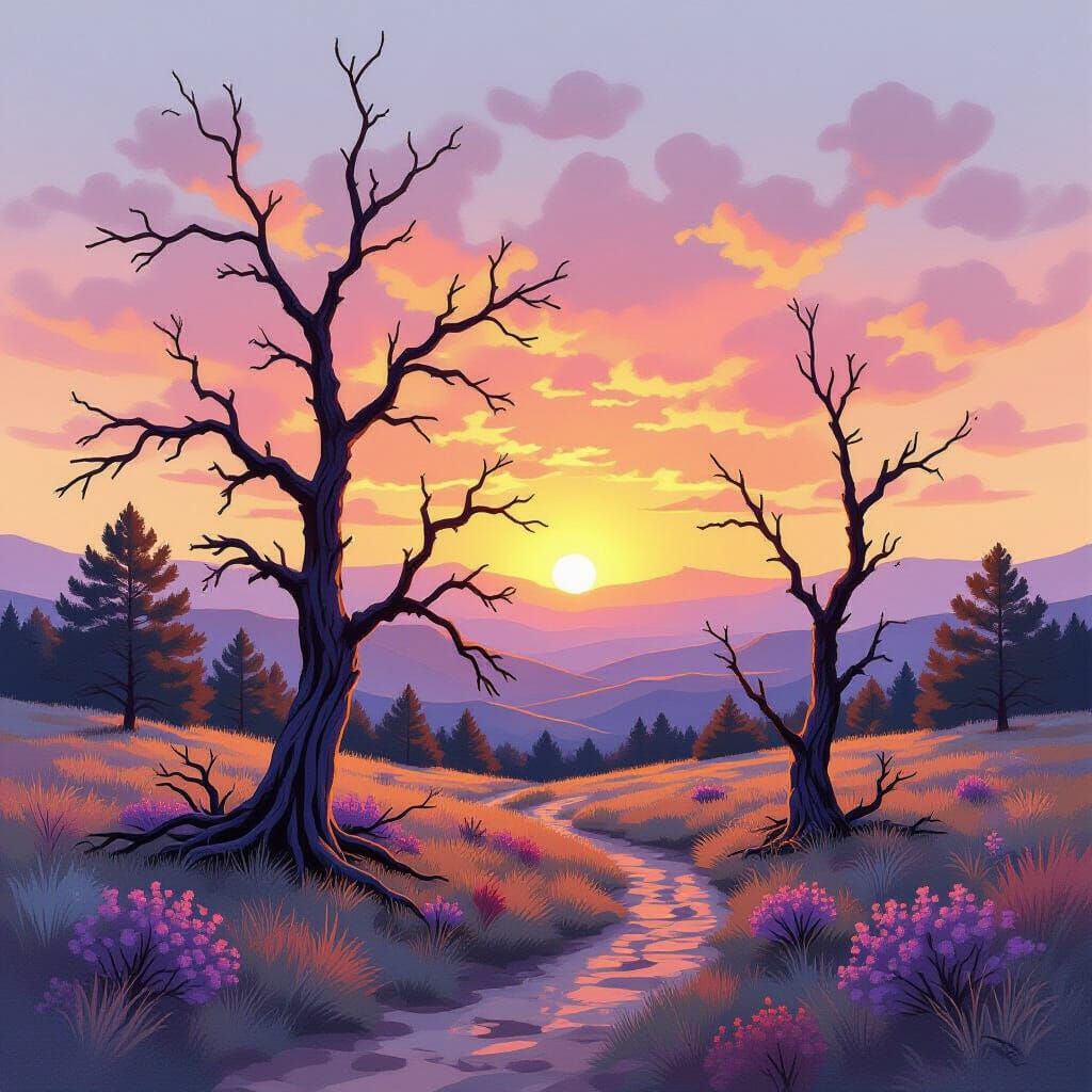 Sunrise Over Withered Trees with Pastel Gradients