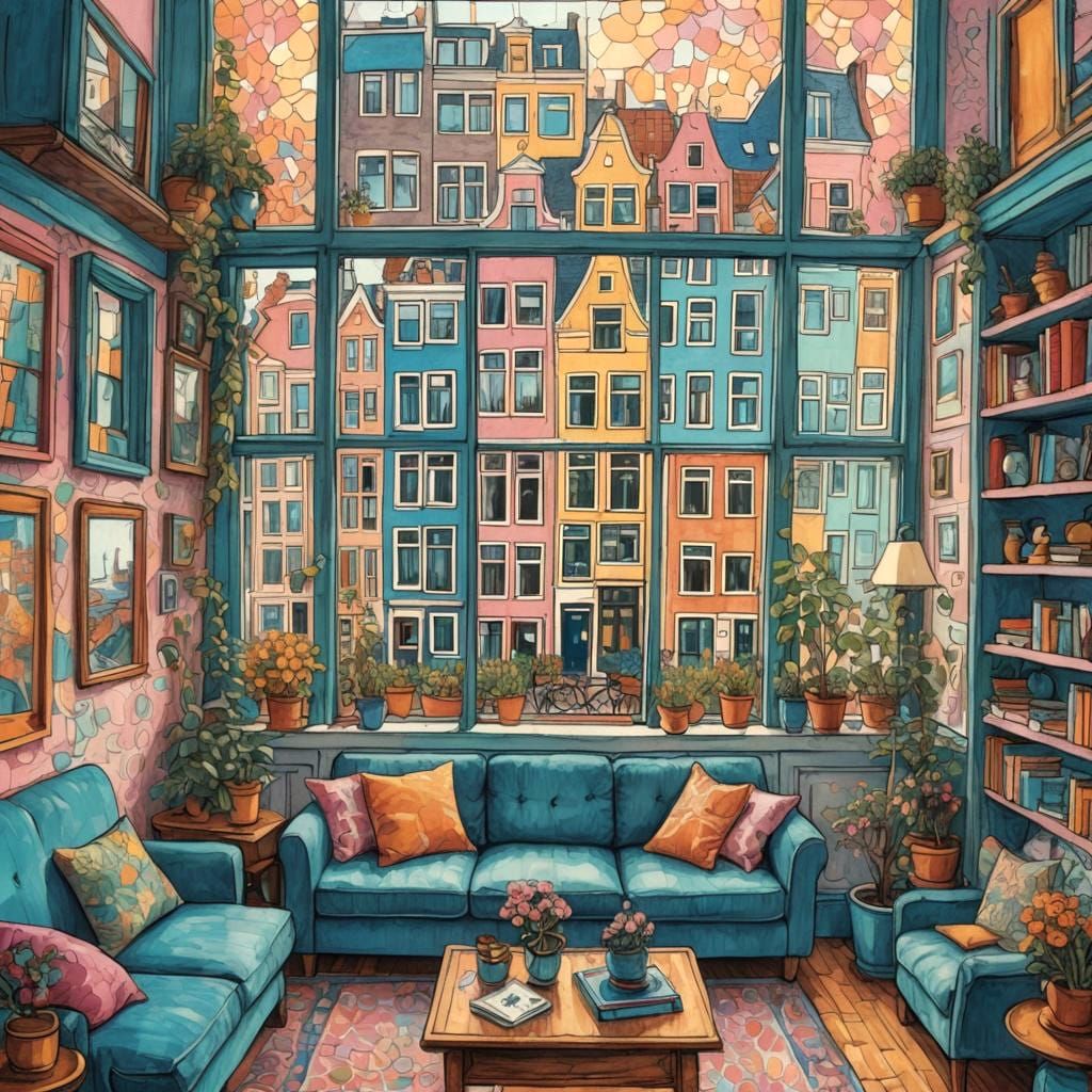 Amsterdam Houses Through Window, Doodle Style