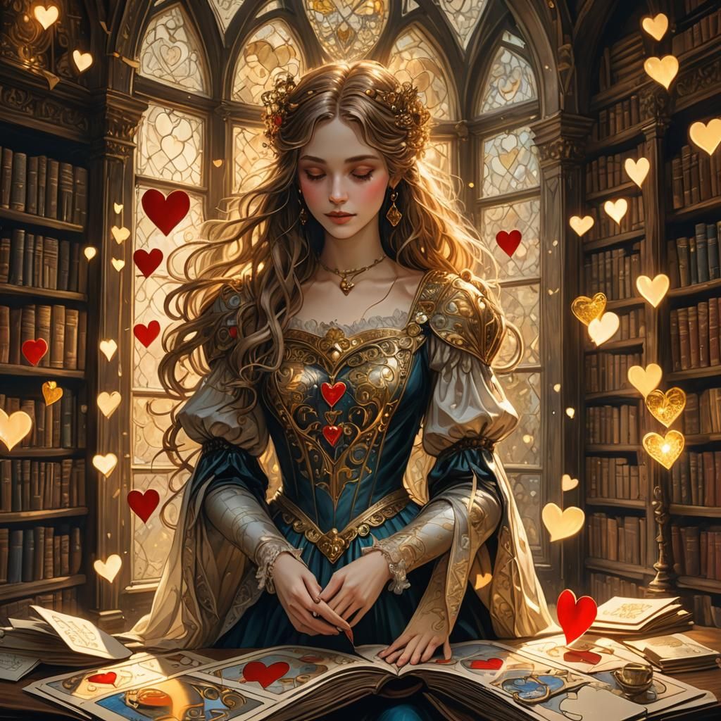 Page of Hearts in Mystical Library, Fantasy Art