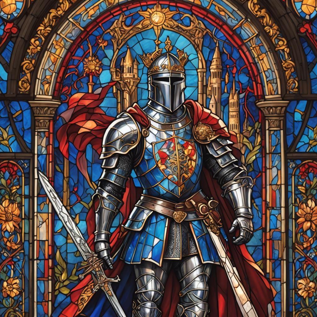 Knight in Stained Glass with Medieval Castle