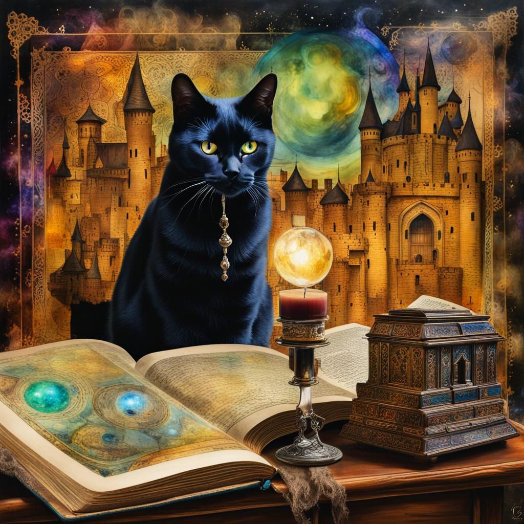 Cat Scholar in Mystical Archives: Mixed Media Illustration