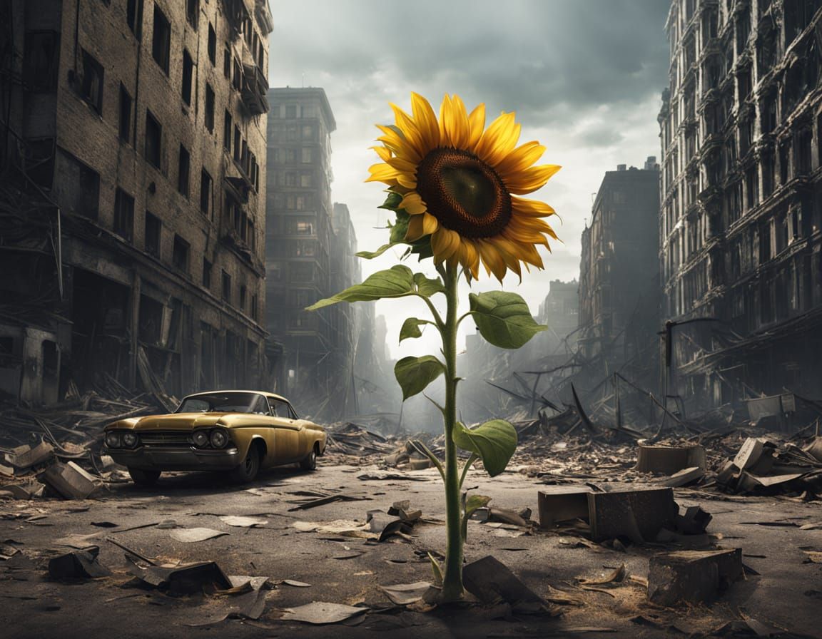 Resilient Sunflower in Post-Apocalyptic Cityscape