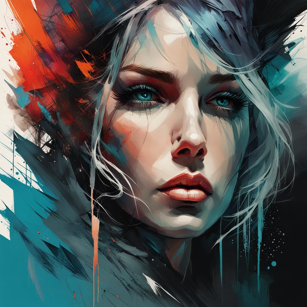 woman By Russ mills by Carne Griffiths by iris Scott thick textured impasto acrylic paint, thick brush stroke art, fl...
