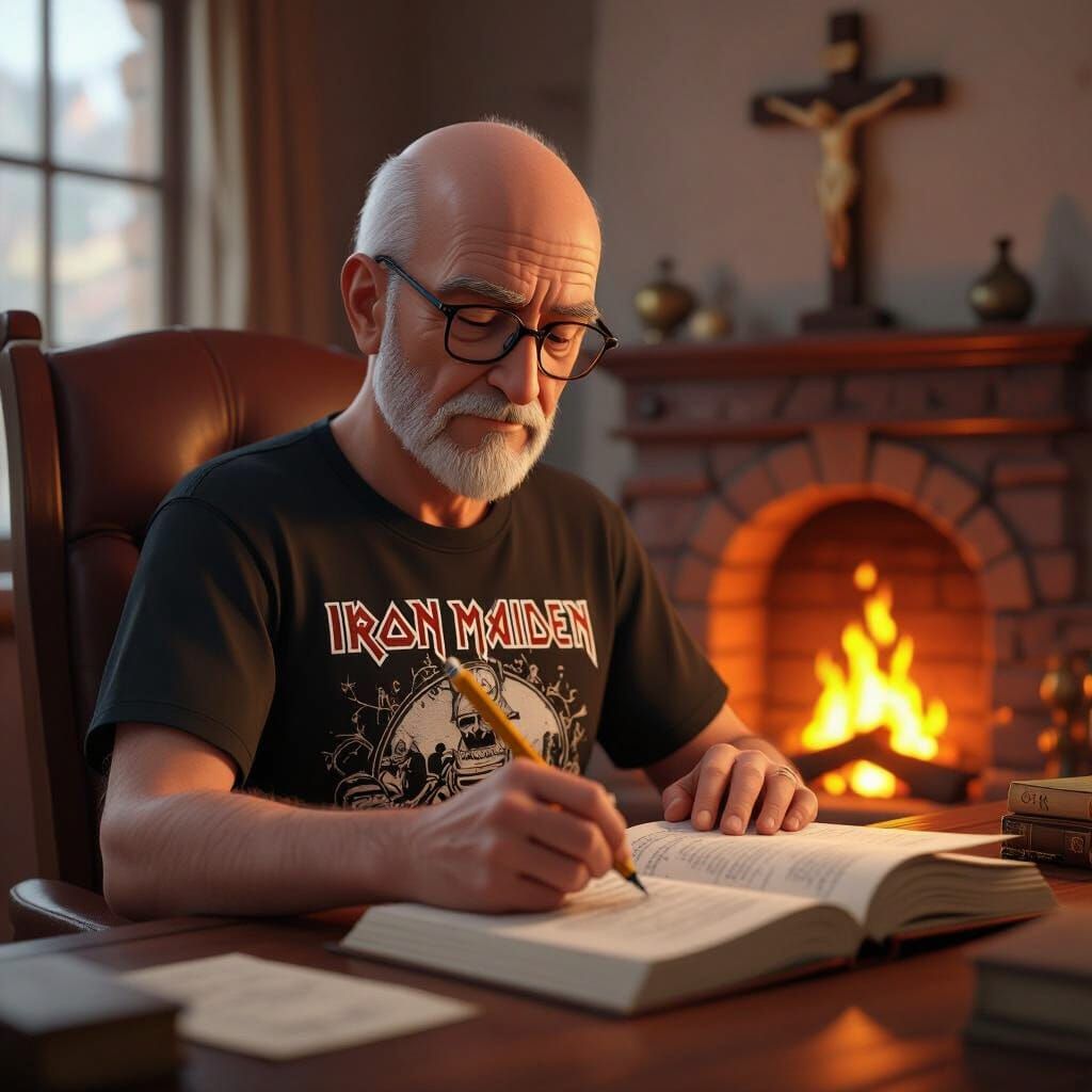 Elderly Man Writes by Fireplace in Detailed 3D Anime Style
